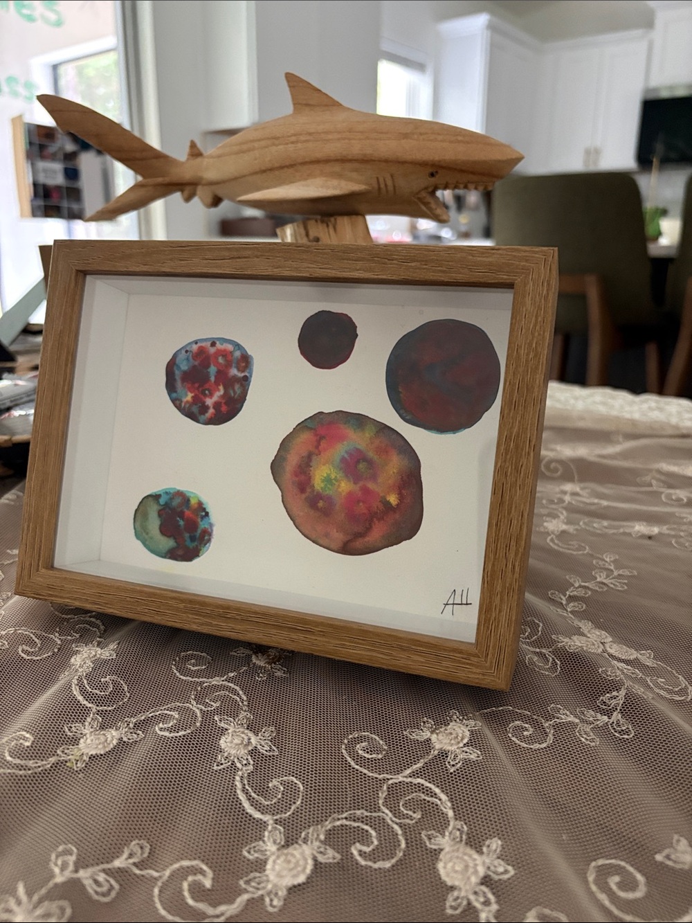 Framed Abstract Watercolor Bubble Art in Oak Frame - Multicolor